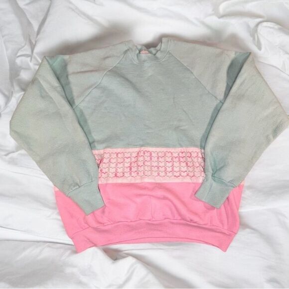 Vintage 90s crewneck sweater dopamine colorblock embroidered large pink - Picture 1 of 11